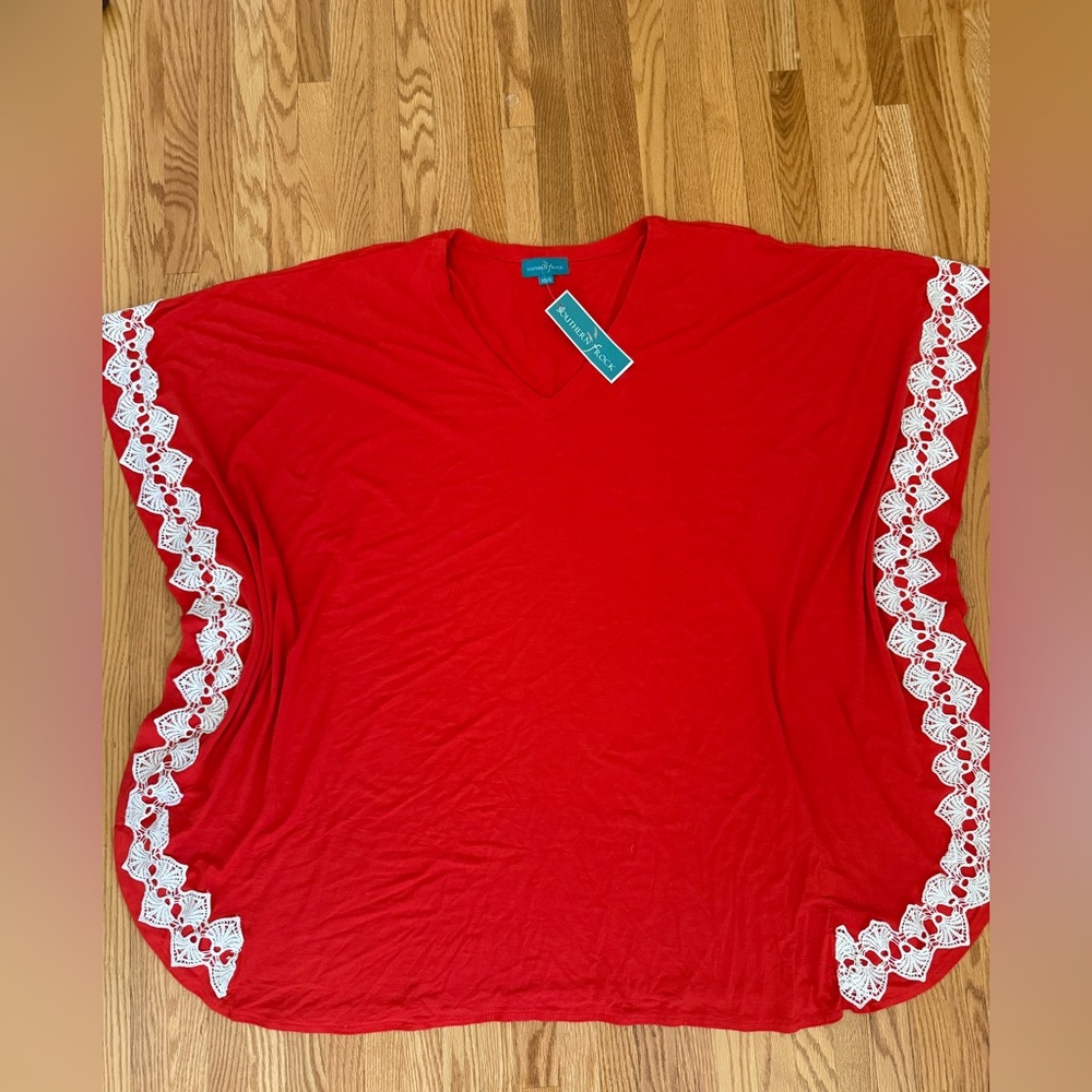 Red Southern Frock swim cover Poncho style with White Lace Trim